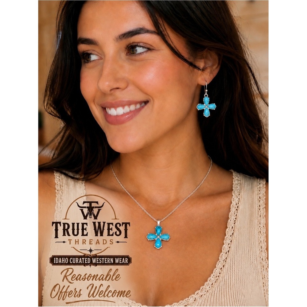 NWT Montana Silversmiths Turquoise Flower Cross Western Necklace & Earrings Set